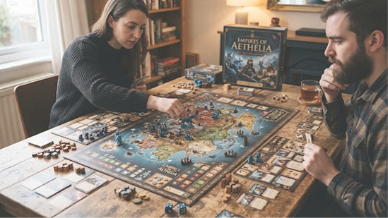 Egy férfi és egy nő stratégiai fantasy társasjátékot játszik egy faasztalnál